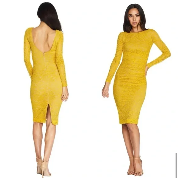 Dress the Populatjon Yellow Lace Long-Sleeve Bodycon Dress size small - Picture 3 of 11
